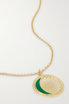 Andrea Fohrman's celestial collections capture all the mysticism and magic of the moon. Handcrafted in Los Angeles, this pendant necklace is painted with green enamel to highlight the crescent shape and set with a cluster of twinkling round-cut diamonds. Luxury Round Pendant Enamel Necklace, Luxury Green Medallion Necklace, Crescent Shape, Enamel Necklaces, Crescent Moon Necklace, Cluster Necklace, Green Enamel, Green Necklace, Gold Enamel