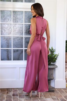 Length from shoulder to hem of size S: 143cm. Jumpsuit. Lined. Model is a standard XS and is wearing size XS. True to size. Non-stretch. Satin. Wide leg. Tie up back. High neck. Zipper. Cold hand wash only. Polyester. Steal the attention in the Ready Set Style Satin Jumpsuit. Featuring a wide-leg design and a tie up back design. Style with heels for all the likes. Glitter Prom Dresses, Satin Jumpsuit, Long Bodycon Dress, Short Summer Dresses, Sequin Prom Dresses, Black Prom, Prom Dress Shopping, Red Prom, Set Style