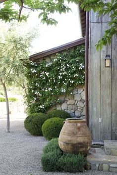 an outdoor area with stone steps and potted plants on the side of the building