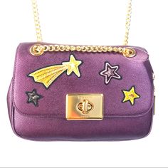 Cassidy Crossbody With Star Patches F38341 Metallic Raspberry/Gold Galaxy Design (Stars, Moon) Retail- $450 Metallic Crossgrain Leather Inside Multifunction Pockets Turnlock Closure, Suede Lining Handles Convert To Shoulder Strap With 22 1/2" Drop Outside Slip Pocket 9 1/2" (L) X 6 1/4" (H) X 3 1/4" (W) Coach Purple Shoulder Bag For Evening, Designer Coach Bag In Purple, Coach Purple Evening Bag, Coach Purple Crossbody Shoulder Bag, Star Patches, Gold Galaxy, Trendy Purses, Stars Moon, Raspberry Color