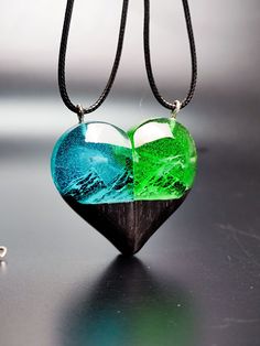 Matching Couple Necklaces, Paired Heart Pendants, Wood Resin Jewelery, Glowing Mountain Pendants, Gift For Couple, Birthday Gift Green Heart Necklace For Valentine's Day Gift, Green Heart-shaped Jewelry For Valentine's Day, Green Double Heart Jewelry For Valentine's Day, Green Heart Necklace For Gift, Handmade Green Jewelry For Valentine's Day, Multicolor Heart Necklace For Valentine's Day Gift, Green Heart-shaped Jewelry Gift, Green Double Heart Jewelry For Gift, Handmade Green Heart Necklace As Gift