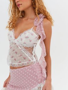 Francine Top — Pink | For Love & Lemons Flirty Summer Mini Skirt With Lace Trim, Pink Feminine Sets With Ruffles, Floral Top, Cute Pink Ruffled Sets, Feminine Lace Trim Mini Skirt, For Love And Lemons Top, Matching Top And Skirt, Girly Tops, Tropical Outfit