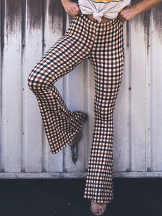 Flared Pants Plaid Pants Trousers BROWN-S Bell Pants Outfit, Style Flared Pants, Bell Pants, Grid Print, Leisure Fashion, Trousers Pants, Bell Bottom Pants, Flare Trousers, Fashion Hacks Clothes