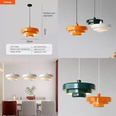 three different types of pendant lights hanging from the ceiling and in front of a dining room table