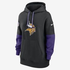 A wardrobe staple for football season, the Minnesota Vikings Sideline Essential Hoodie is made with dropped shoulder seams that help create an oversized look and soft fleece lining for a warm, comfortable outer layer. Nike Hoodie With Drawstring Hood For Sports, Nike Hooded Fan Apparel Sweatshirt, Nike Hooded Sweatshirt Fan Apparel, Nike Sportswear Hoodie For Fan Gear, Fall Sports Event Hoodie With Double-lined Hood, Nike Sportswear Hoodie For Fans, Sporty Fleece Hoodie With Team Logo, Team-colored Hooded Sweatshirt For Game Day, Nike Fan Apparel Hoodie With Drawstring Hood