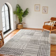 a living room with a rug, chair and potted plant