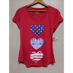 New Sheer T-Shirt. Patriotic Vneck Top. Made In Usa Casual V-neck Top With Heart Print, V-neck Top With Heart Graphic For Summer, V-neck Tops With Heart Graphic For Summer, Casual Red Heart-shaped T-shirt, Red Heart Print Casual Top, Casual Red Top With Heart Graphic, Casual Red Top With Heart Print, Casual Red Heart Print Top, Red Short Sleeve T-shirt With Heart Print