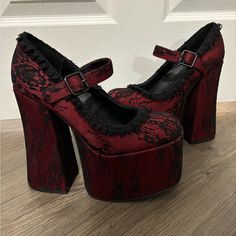 Brand New Without Box Vampire Heels Aesthetic, Vampire High Heels, Unique Platform Heels, Red Lace Shoes, Black And Red Wedding Shoes, Black Red Wedding Theme, Vampire Shoes, Black Dress Red Heels, Black And Red Heels