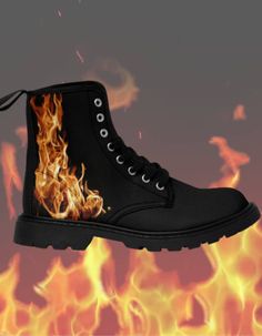 Fire & Flames, Firemen, Cosplay, Halloween, Gothic, Costume Women's Canvas Boots. Flaming & Firey women's boots will be a head-turner. If you work with fire, smoke, and flammables these are the shoe for you.   (See both male and female listings).   Firefighting men and women will ask for these or give them as a gift. Great for Cosplay play and costumes. If you perform with fire you will want these as part of your stage outfit. These combustible boots will turn heads.  Fire & Flames Canvas Boots, Casual Hiking, Christmas, Thanksgiving, Birthday gifts for His & Hers, Gifts for Couples, Anniversary, Graduation Gift. Enjoy Fire & Flames boots at every step, turning heads on the go!  Do you work in a fire department, fire eating, military, cosplay, or costumes involving fire or flames?   These Women Combat Boots, Firefighter Boots, Fire Boots, Heel Combat Boots, Combat Boots Style, Fire Flames, Boho Shoes, Burning Fire, Womens Combat Boots