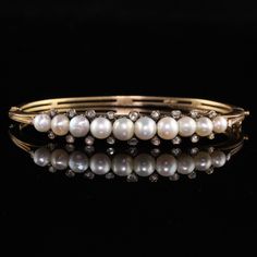 Antique Victorian 18K Yellow Gold Natural Pearl Rose Cut Diamond Bangle | eBay Oval Bangle, Vintage Jewlery, Pearl Rose, Antique Bracelets, Natural Pearl, Diamond Bangle, Rose Cut Diamond, Natural Pearls, Antique Victorian