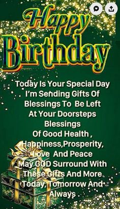 a birthday card with the words happy birthday in green and gold lettering, surrounded by sparkles