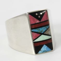 Sterling Silver Ring with Mosaic Inlaid Jet, Rhodochrosite, Mediterranean Coral, Turquoise, and Serpentine. Ring Size: 10.25 .25” - .75” Band Width