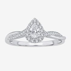 Ring Style: Engagement Rings, Single Center Rings, Halo RingsDiamond Clarity: I2-I3Setting: Multi-SettingShape: PearStone Cut: PearDiamond Color: I-JMetal Color: WhiteCenter Stone Weight: 1/5 Ct.Ring Gallery Height: 6.2mmRounded Carat Weight: 1/3 Ct. T.w.Care: Wipe CleanStone Type: 32 Natural DiamondAuthenticity: Natural DiamondMetal: 10k White GoldCountry of Origin: Imported Teardrop Brilliant Cut Promise Ring, Diamond White Teardrop Ring For Promise, Teardrop Halo Ring In Fine Jewelry Style, Pear Shaped Diamond Ring With Diamond Cut, White Pear Shaped Diamond Ring With Diamond Cut, White Pear-shaped Diamond Ring With Diamond Cut, Fine Jewelry Teardrop Diamond Cut Ring, Fine Jewelry Teardrop Halo Ring, White Diamond Ring With Pear Center Stone