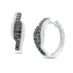 Take your look to the next level of style with the eye-catching contrast of these black and white diamond bypass double-row hoop earrings. Fashioned in cool 10K white gold Each hoop showcases bypassing rows of alluring black diamonds set in black rhodium plate. Borders of smaller white diamonds complete the look. Radiant with 0.95 ct. t.w. of diamonds These earrings secure with hinged backs. White Diamond Jewelry, Black Diamond Earrings, Peoples Jewellers, Black Diamonds, Black Rhodium, White Diamonds, Cute Earrings, Black Diamond, White Diamond