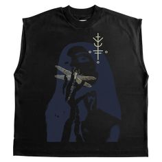 a black shirt with an image of a nun holding a dragonfly