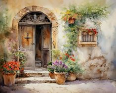 a painting of an old house with potted plants and flowers on the front door