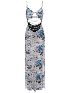 black/multicolour stretch-design cut-out detailing all-over graphic print V-neck rear clasp fastening sleeveless side slits flared hem long length Black And Silver Dress, Cami Dresses, Sheer Maxi Dress, Cut Out Dress, Dress Designer, Silk Maxi Dress, Out Dress, Pink Maxi Dress, Vestido Casual