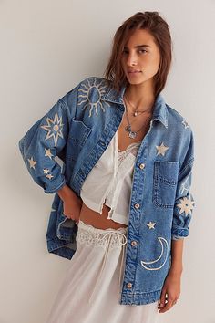 Jeans Jacket Oversized Outfits, Merch Concept, Products Photoshoot, Celestial Embroidery, Astros Jacket, Lilly Bloom, Patch Jean Jacket, Denim Painting, Denim Jacket Embroidery