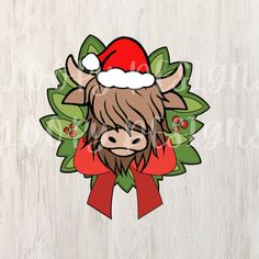 a cow wearing a santa claus hat with holly wreath around it's neck on a wooden background