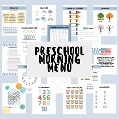 a bunch of papers with the words preschool morning menu written in black and white on them