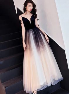 Charming Black Gradient Tulle and Velvet Long Party Dress,Black Party – BeMyBridesmaid Prom Dresses Lace Sleeves, Casual Elegant Style, Party Dress Black, Long Party Dress, Black Party Dress, Prom Dresses Gowns, Color Rush, Black Gradient, Black Party Dresses