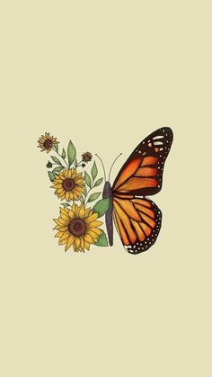 an orange butterfly and sunflowers on a beige background with the words, i love you