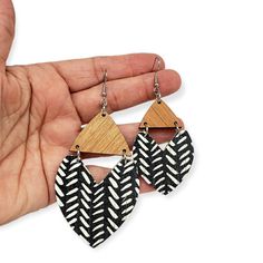 Handmade Black Leather Earrings, Black Leather Drop Earrings, Leather Fringe Earrings, Diy Seed Bead Earrings, Leather And Wood, Earrings Wood, Batik Print, Earrings Black, Leather Fringe