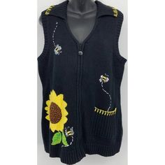 A Women's Cute Knit Black And Yellow Vest From Quacker Factory. The Vest Has Bees Buzzing With A Sunflower Accent. The Vest Has A Zip Front, Collar Neckline, And Is New With Tags. Size: Small Length: 28 Chest: 36 Condition: New With Tags B10 Color Of Clothing May Slightly Vary Due To Photographic Lighting Sources Or Your Monitor Settings. Yellow Knitted Outerwear For Spring, Yellow Knit Outerwear For Spring, Black Sunflower, Yellow Vest, Black And Yellow, Knit Vest, Photographic Lighting, Black N Yellow, New Color