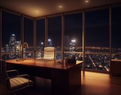 an office desk in front of large windows overlooking the city at night with lights on