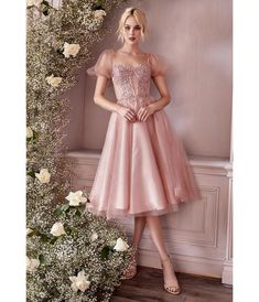 Blush Pink Glitter Floral Swing Prom Dress - Unique Vintage - Womens, DRESSES, PROM AND SPECIAL OCCASION Canada Party, Layered Tulle Dress, Tulle Dress Short, Glitter Prom Dress, Corset Style Dresses, Tea Length Tulle, Tea Length Skirt, Gorgeous Prom Dresses, Cinderella Divine