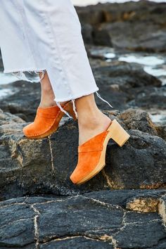 Orange leather clog sandals, handmade Swedish clogs, slingback shoes made by Kulikstyle, leather mul High Heel Clogs, Swedish Clogs, Clogs And Mules, Boho Sandals, Wooden Clogs, Clog Heels, Shoes Handmade, Clog Sandals, Slingback Shoes