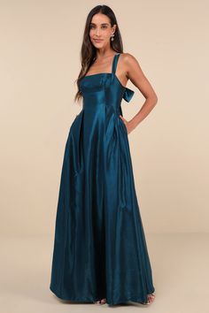 Effortlessly fabulous is exactly what comes to mind when we see the Lulus Immaculate Aura Shiny Dark Teal Taffeta Maxi Dress With Pockets! Shiny taffeta dress. Dusty Blue Fall Dress, Teal Dress For Wedding Guest, Cheap Prom Dresses Under $50, Winter Formal Maxi Dress, Dark Formal Dresses, Formal Winter Wedding Guest Dress, Teal Outfit Ideas, Navy Formal Dresses, Blue Wedding Guest Dress