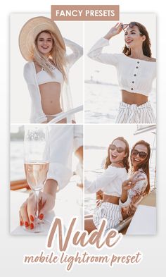 two women in white outfits and hats posing for the camera