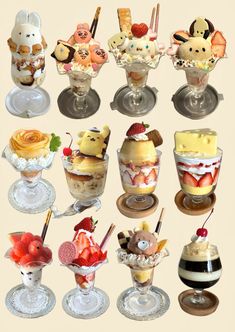 there are many different desserts in glass dishes