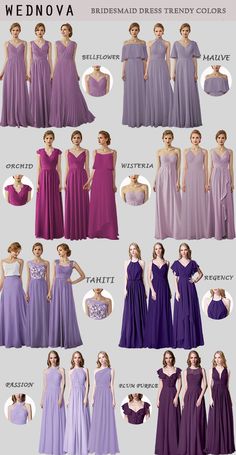 the different types of bridesmaid dresses are shown in this image, and there is also