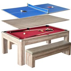 Maximize your space! A perfect solution for your game room, rec room, or office. The handsome, multi-functional Newport 7-ft Pool Table is crafted from sturdy, engineered wood. Featuring crisp, contemporary lines, this rustic-style table is covered in a beautiful driftwood melamine that showcases the rich grain and natural imperfections of reclaimed wood. Premium features include 1/2-in round inlayed sights, tournament-tested "True Roll" bumpers, quality nylon/wool blended cloth and chrome-plate Multi Game Table, Pool Table Dining Table, Pool Table Room, Ping Pong Tables, Jewelry Clothing, Rec Room, Craft Table, Pool Table, Ping Pong Table