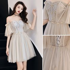 Charming Champagne Party Dresses 2019 A-Line / Princess Off-The-Shoulder Crystal Short Sleeve Backless Short Formal Dresses Champagne Party Dress, Short Formal Dresses, Champagne Party, 16 Dresses, Formal Dresses Short, Abaya Dress, Prom Dresses Ball Gown, Latest African Fashion Dresses, Ulzzang Fashion