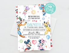 mickey and minnie mouse birthday party invitation with balloons, stars and confetti on it