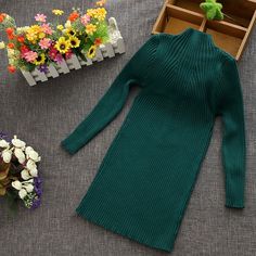 Turtleneck Knit Dress - Momorii Toddler Girl Fall, Girls Sweater, Children Clothing, Long Knit, Kids Outerwear, Current Fashion Trends