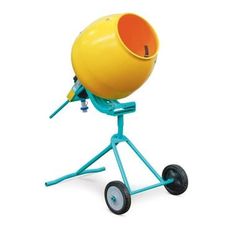 a yellow and blue cement mixer sitting on top of a dolly