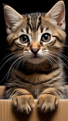 a kitten is sitting in a cardboard box and looking at the camera with an intense look on its face