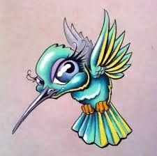 a drawing of a blue bird with yellow wings and a large beak on it's head