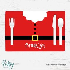 a place mat with fork, spoon and knife on it that says brooklyn in santa claus's hat