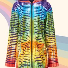 Children long rainbow jacket with hood Kids love colour, and a rainbow is always magical. This beautiful unisex children's rainbow hippie hooded jacket is the ultimate hoodie for your little ones. It's fun to wear and is rich in interest with its carefully razored rainbow stripes sewed over a dramatic black background, which shows through. Very cool. It's also nice and cosy. And it's practical thanks to the two pockets. Made from fresh 100% cotton, it's built to last and will delight your child with its funky, rebellious look. Ideal for mini-hippies! 100% cotton, handmade in Nepal, rainbow tie dye with razor cut finish, round hood, 2 pockets Sizing help: Size 6 chest 28 inches, length 23 inches Size 8 chest 30 inches, length 23 inches Size 10 chest 32 inches, length 23 inches Size 12 chest Hippie Multicolor Hooded Outerwear, Hippie Hooded Hoodie For Festivals, Hooded Multicolor Festival Outerwear, Hooded Multicolor Outerwear For Festivals, Hippie Hooded Festival Hoodie, Rainbow Jacket, Rainbow Stuff, Hippie Hoodie, Tie Dye Colors