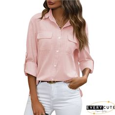 Casual Solid Buttons Down Lapel Collar Side Pockets Blouse Office Blouse With Roll-up Sleeves For Fall, Fall Office Blouse With Roll-up Sleeves, Solid Color Tops With Roll-up Sleeves For Office, Casual Blouse With Spread Collar For Business Casual, Summer Office Blouse With Pockets, Casual Summer Office Shirt, Fall Office Blouse With Rolled Sleeves, Casual Summer Shirt For Office Wear, Elegant Solid Blouse With Roll-up Sleeves