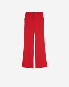 Elegant high-waisted women's trousers in stretch crepe fabric. The leg is characterised by a close-fitting line down to the knee, which widens as it proceeds to the bottom, with French pockets at the hips and a central pleat at both front and back. Zip and covered hook fastening. Tailored Classic Red Bottoms, Classic Tailored Red Bottoms, Fitted Elastane Flare Trousers, Tailored Classic Red Pants, Classic Tailored Red Pants, Stretch Flares For Workwear, Fitted Flare Pants With Pressed Crease, Fitted Flare Bottoms With Pressed Crease, Elegant Red Flare Bottoms