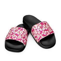 Tap into sweet island energy with these Hot Pink, Orange and White Hawaiian Flowers Women's Slides from Extremely Stoked! These slides feature a cushioned upper strap and a textured footbed, providing ultimate comfort and a refreshing touch to your feet. • Cushioned faux leather upper strap • Lightweight polyurethane (PU) outsole • Contoured, textured footbed • Stitched around the upper perimeter for extra durability • Spot clean only • Printed, cut, and handmade Important: This product is avail Pink Vacation Slippers With Textured Footbed, Vacation Pink Slippers With Textured Footbed, Pink Slippers With Textured Footbed For Vacation, Pink Synthetic Slippers For Vacation, Pink Textured Footbed Slippers For Vacation, Pink Beach Slippers With Removable Insole, Pink Slippers With Removable Insole For Beach, Pink Synthetic Sandals For Poolside, Eva Slides For Vacation