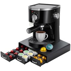 an espresso machine with coffee and chocolates