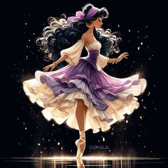 a painting of a woman in a purple and white dress with long hair, dancing