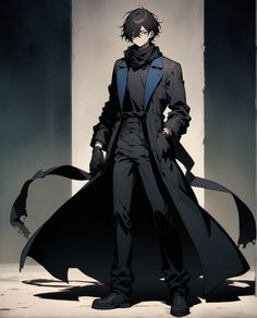 an anime character with black hair wearing a long coat and tie, standing in front of columns